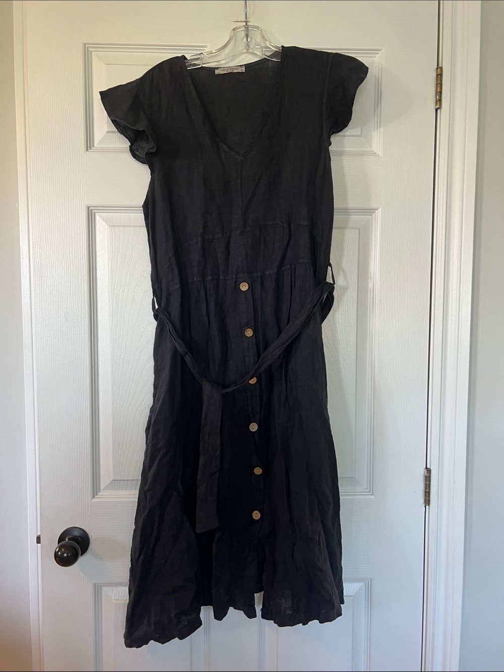 V-Neck Navy Button-Front Midi Dress with Waist Tie